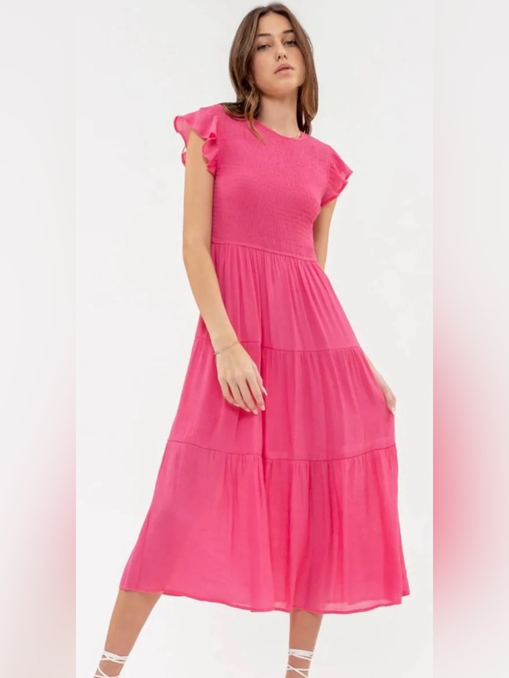 NWT Blu Pepper Smocked Tiered Midi Dress L Magenta Fuchsia Flutter Sleeve